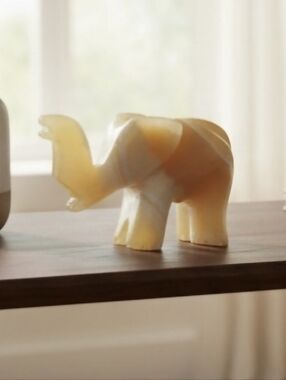 Hand Carved Elephant Figurine Calcite Onyx Orange & White Table Decor